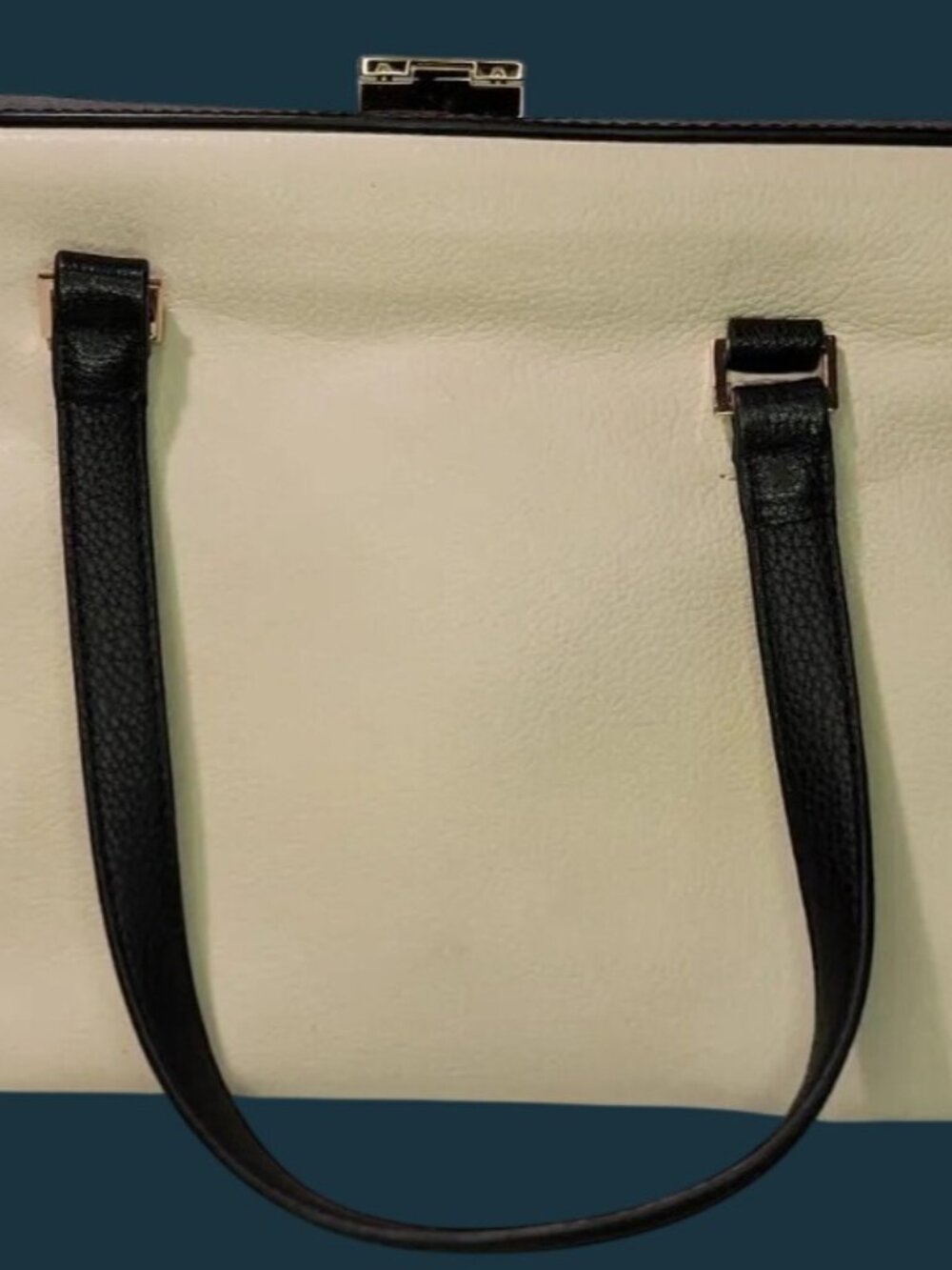 Isaac Mizrahi NY Cream Black Leather Fold Over Frame Tote Purse Vtg Style EUC